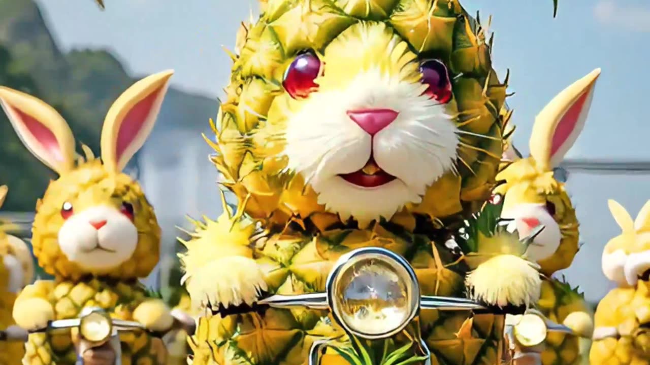 Vegetable and fruit creativity, pineapple chicken, pineapple puppy, pineapple pig group riding