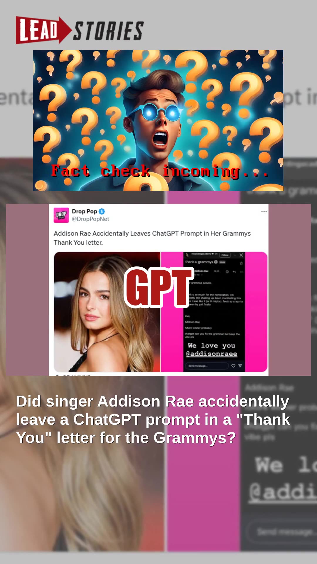 Fact Check: Addison Rae Did NOT Leave ChatGPT Prompt In Grammys Thank You Note -- Satirical Post