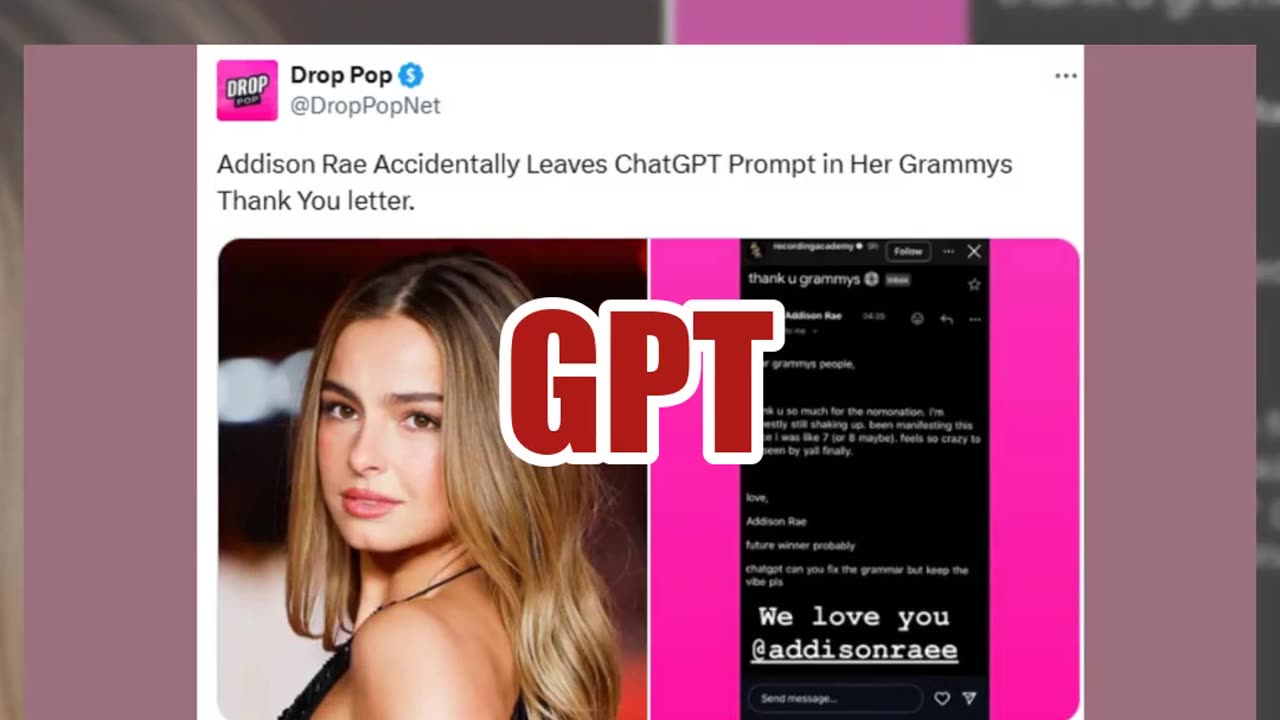 Fact Check: Addison Rae Did NOT Leave ChatGPT Prompt In Grammys Thank You Note -- Satirical Post