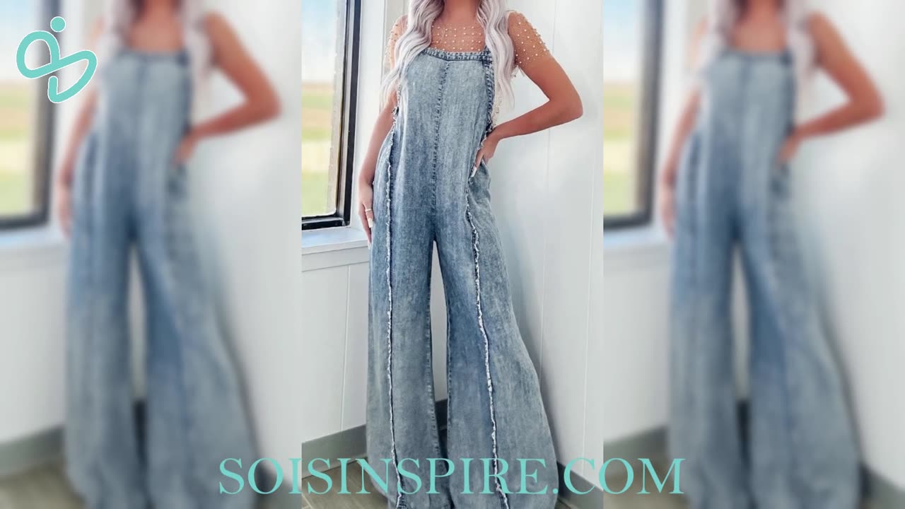 Exposed Seam Washed Wide Leg Denim Overalls