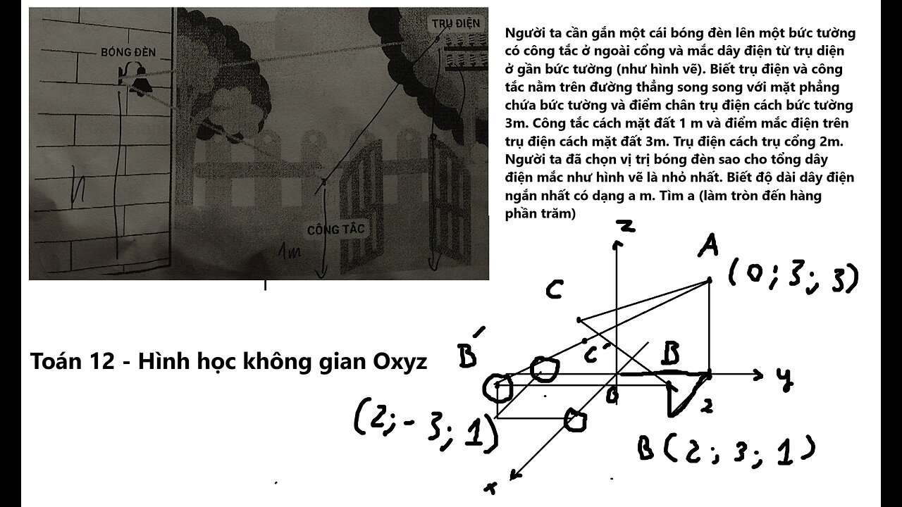 Toán 12: Người ta cần gắn một cái bóng đèn lên một bức tường có công tắc ở ngoài cổng