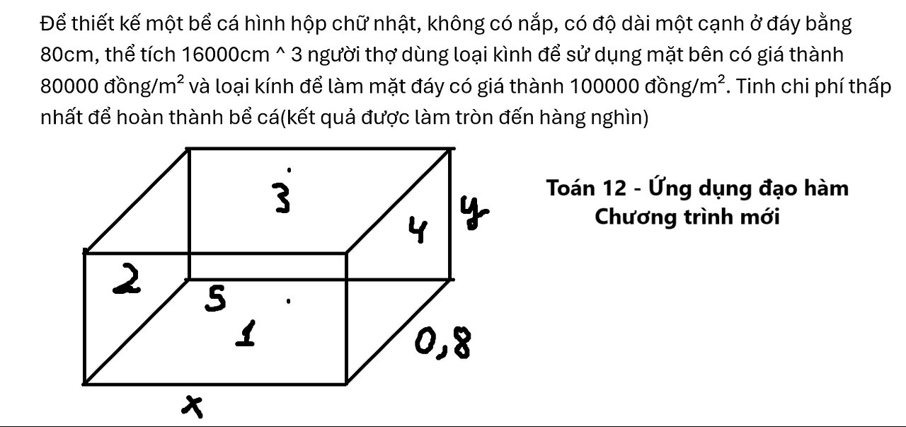 Toán 12: Để thiết kế một bể cá hình hộp chữ nhật, không có nắp, có độ dài một cạnh ở đáy bằng 80cm