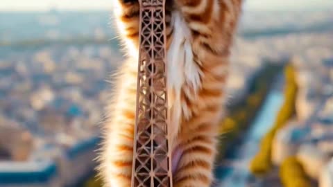 A kitten climbs to the very tip of the Eiffel Tower and meows