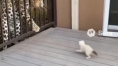 Leopard entered the house, the cat fought bravely