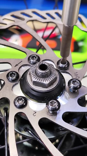 Bicycle brake disc installation on a wheel.