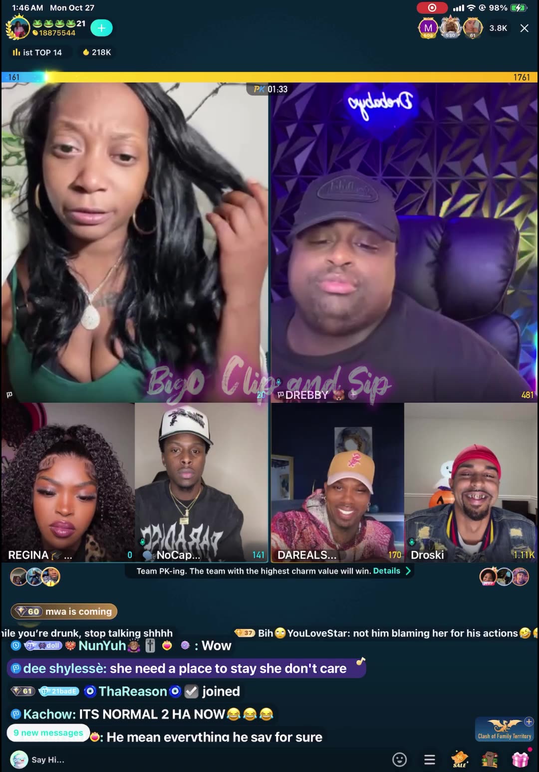 Team pk 21 Liyah NoCap DreBaby Mocha ft Droski vs Supa pt1 10/27/25 #bigoclipandsip