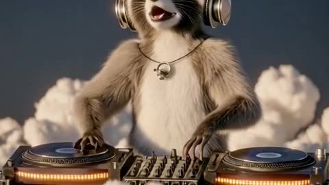 A whimsical raccoon DJ, focused, wearing oversized headphones