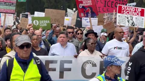 Illinois Governor JB Pritzker chanting “Hey hey, ho ho, Donald Trump has got to go”