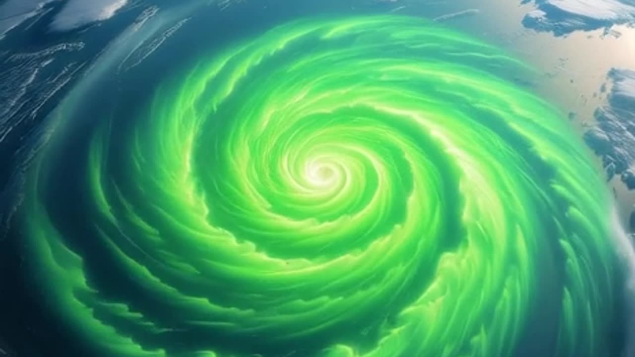 A glowing green space hurricane on the Earth’s surface