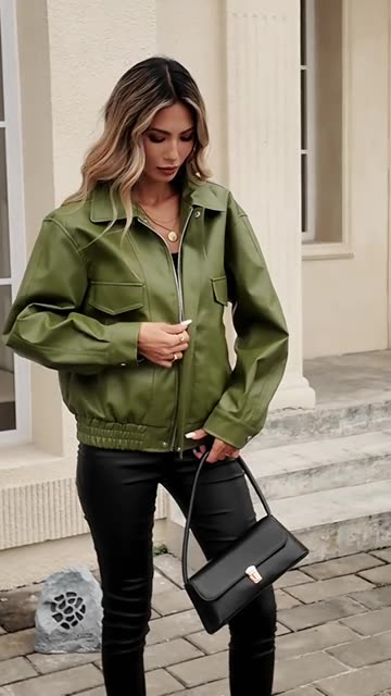 Women's Green Zipper Jacket - Elegant Casual Long Sleeve Outerwear
