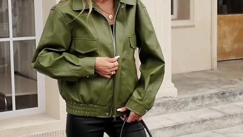 Women's Green Zipper Jacket - Elegant Casual Long Sleeve Outerwear