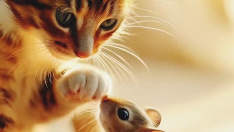 Cute cat plays with little mouse in the room