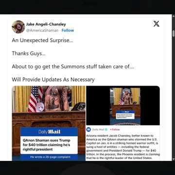 ‘QAnon Shaman’ from Jan. 6 Sues Trump for $40 TRILLION