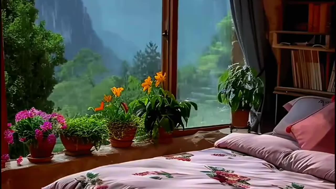 Dreamy Bedroom with Rainy View.