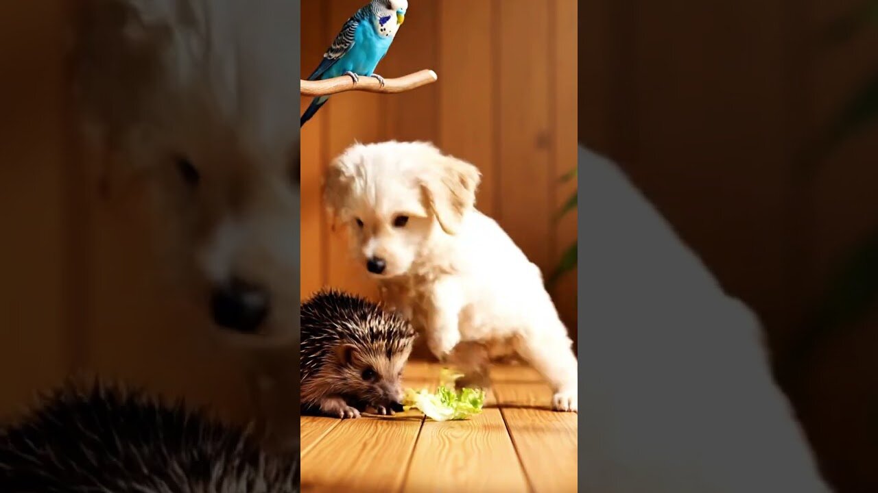 Bird Shares a Snack With a Puppy and a Hedgehog