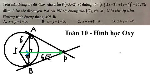 Toán 10: Trên mặt phẳng tọa độ Oxy, cho điểm P(-3;-2) và đường tròn (C):(x-3)^2 +(y-4)^2 =36. Từ