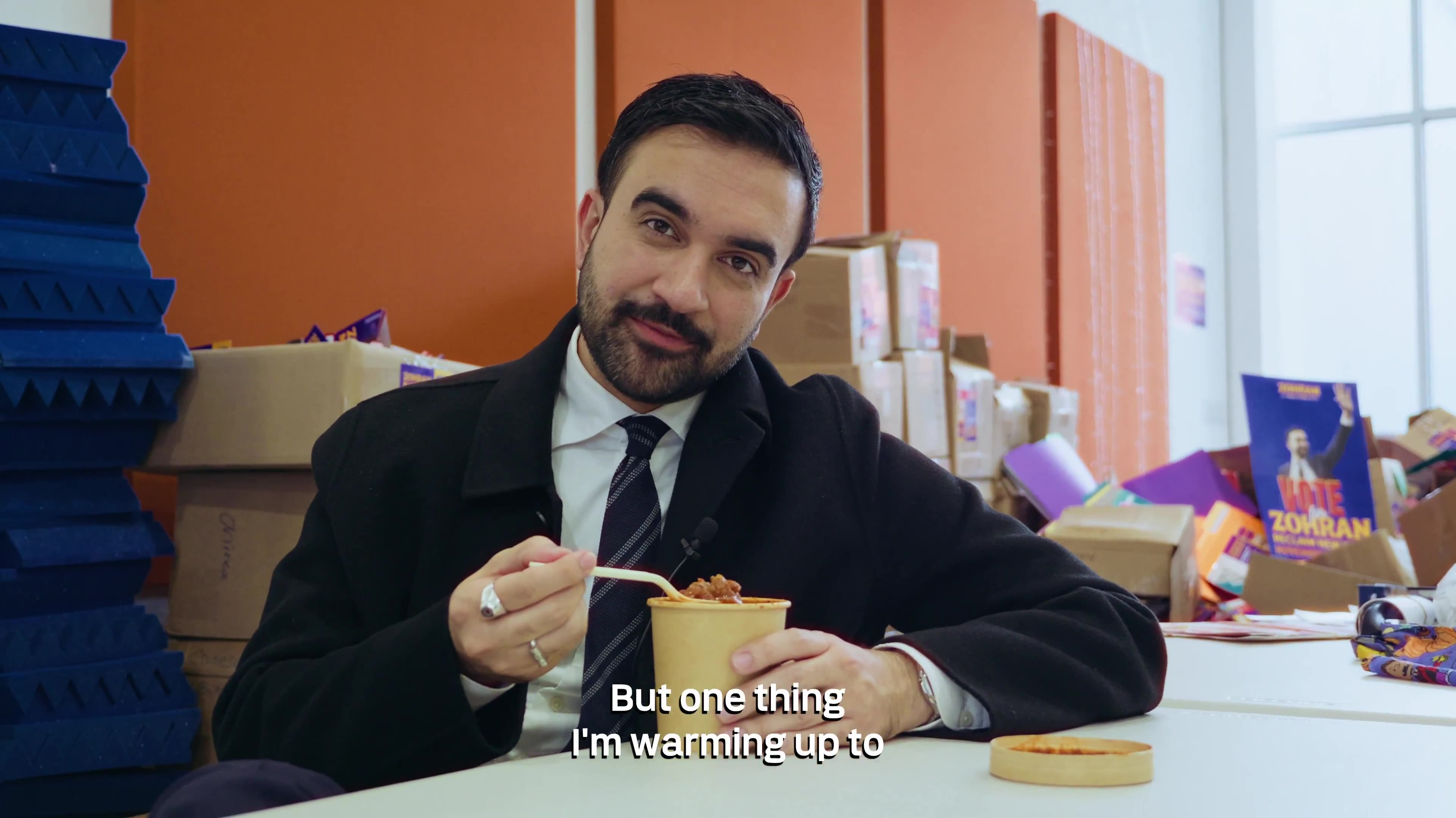 The socialist mayor-elect of New York City is eating on camera again — asking for donations