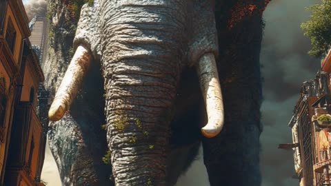 A dynamic motion of a massive elephant walking slowly throught a city