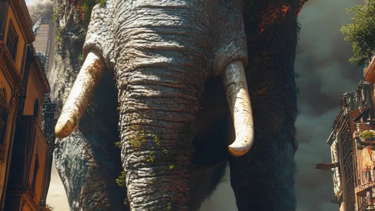 A dynamic motion of a massive elephant walking slowly throught a city