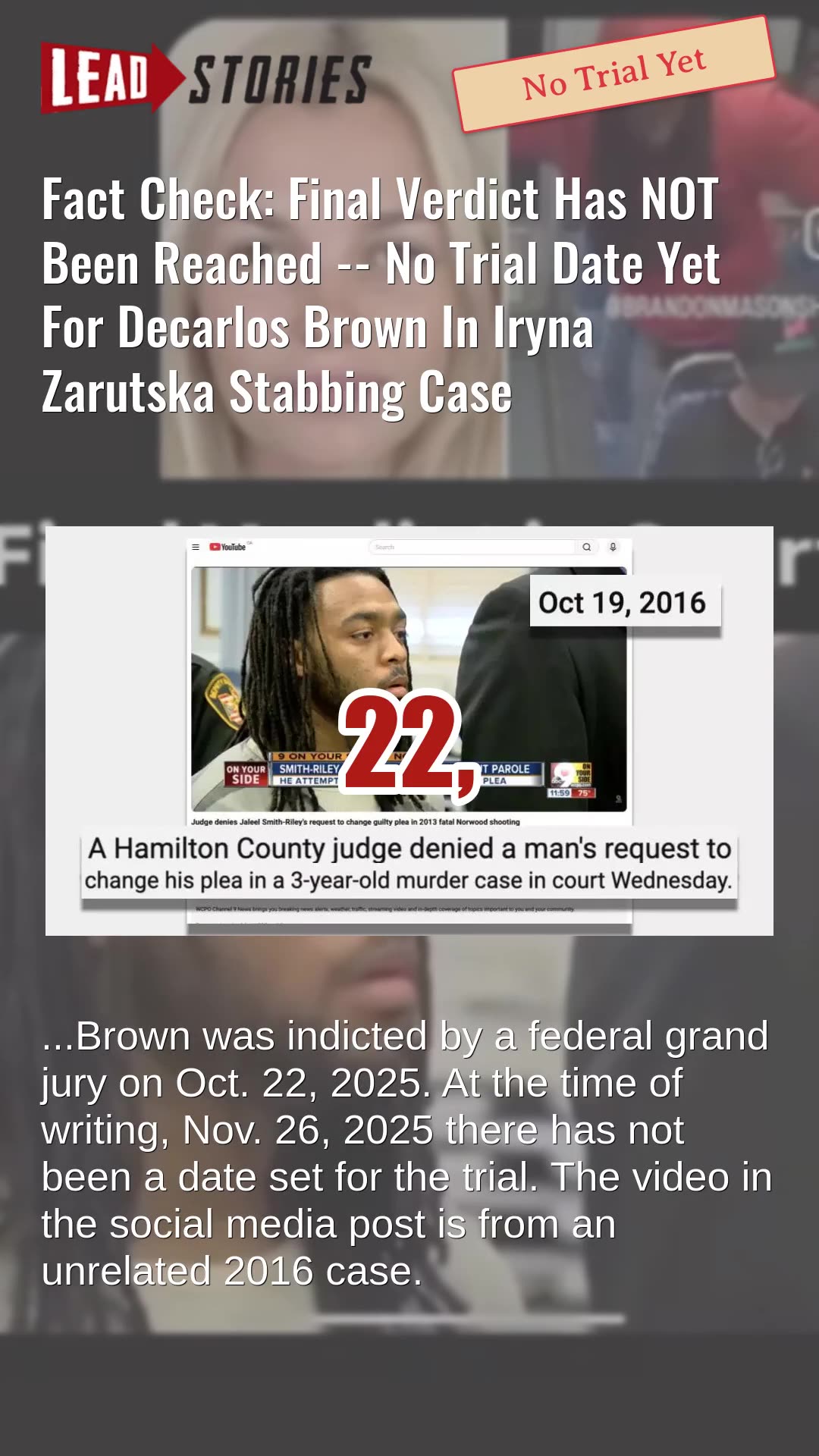 Fact Check: Final Verdict Has NOT Been Reached -- No Trial Date Yet In Iryna Zarutska Stabbing Case