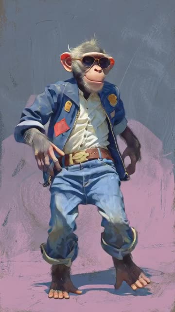 a baboon with jeans and a jacket, dancing in a party with chimpanzee
