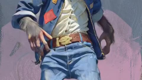 a baboon with jeans and a jacket, dancing in a party with chimpanzee