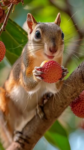 Close-up macro shot of a squirrel perched on a tree branch, gently peeling and eating a ripe lychee
