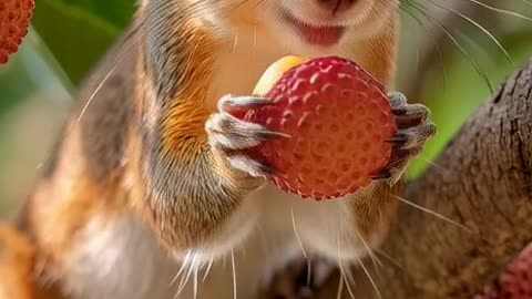 Close-up macro shot of a squirrel perched on a tree branch, gently peeling and eating a ripe lychee
