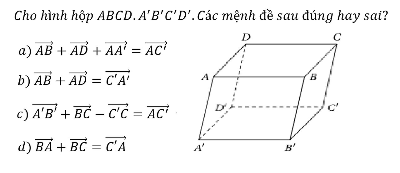 Toán 12: Cho hình hộp ABCD.A'B'C'D'.Các mệnh đề sau đúng hay sai?