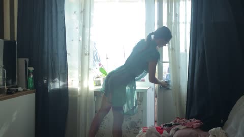 Transparent window cleaning with beautiful girl in dress