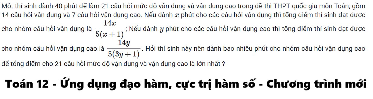 Toán 12: Một thí sinh dành 40 phút để làm 21 câu hỏi mức độ vận dụng và vận dụng cao trong đề thi