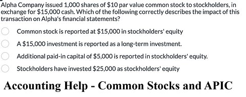 Accouting Help: Alpha Company issued 1,000 shares of $10 par value common stock to stockholders, in