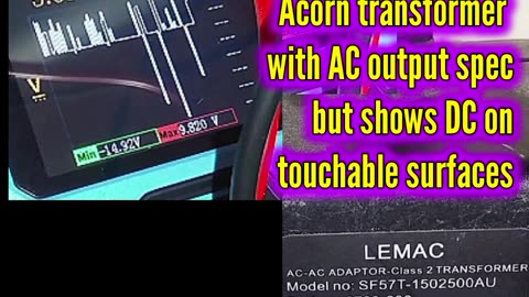 Acorn transformer with AC output specified but shows DC on touchable surfaces