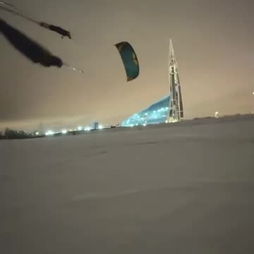 Evening kitesurfing at the Lakhta Center skyscraper