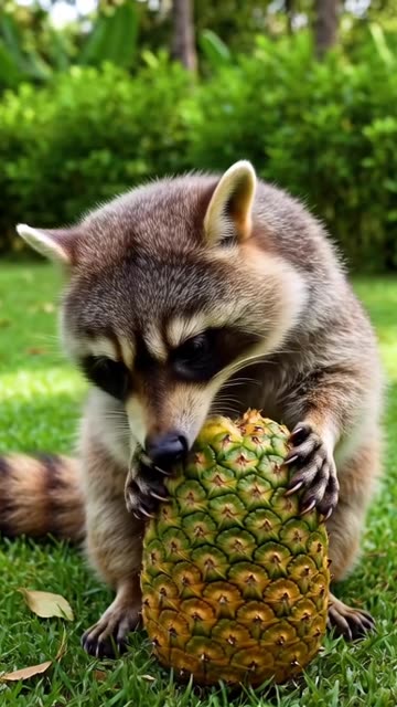 Raccoon eating Pineapple