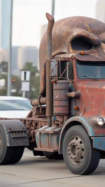 a rusty semi-truck with an oversized skull-like head is driving down the highway in los angeles