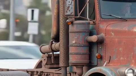 a rusty semi-truck with an oversized skull-like head is driving down the highway in los angeles