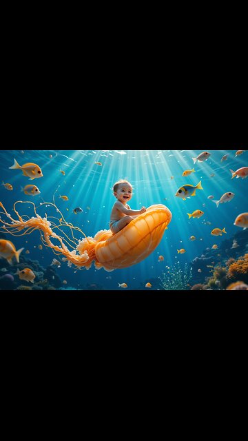 Joyful Baby Rides a Jellyfish in an Ocean Adventure! 🐠✨🌊