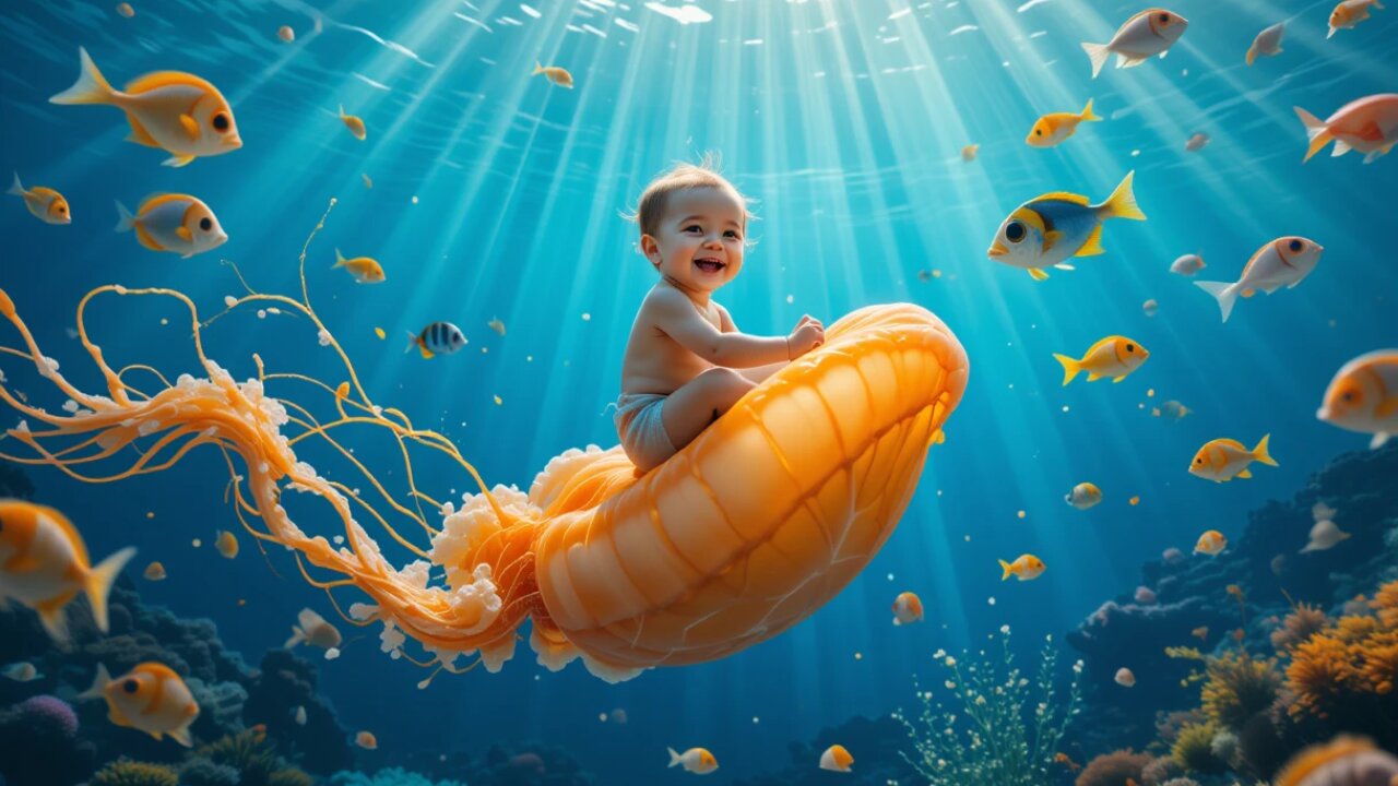Joyful Baby Rides a Jellyfish in an Ocean Adventure! 🐠✨🌊