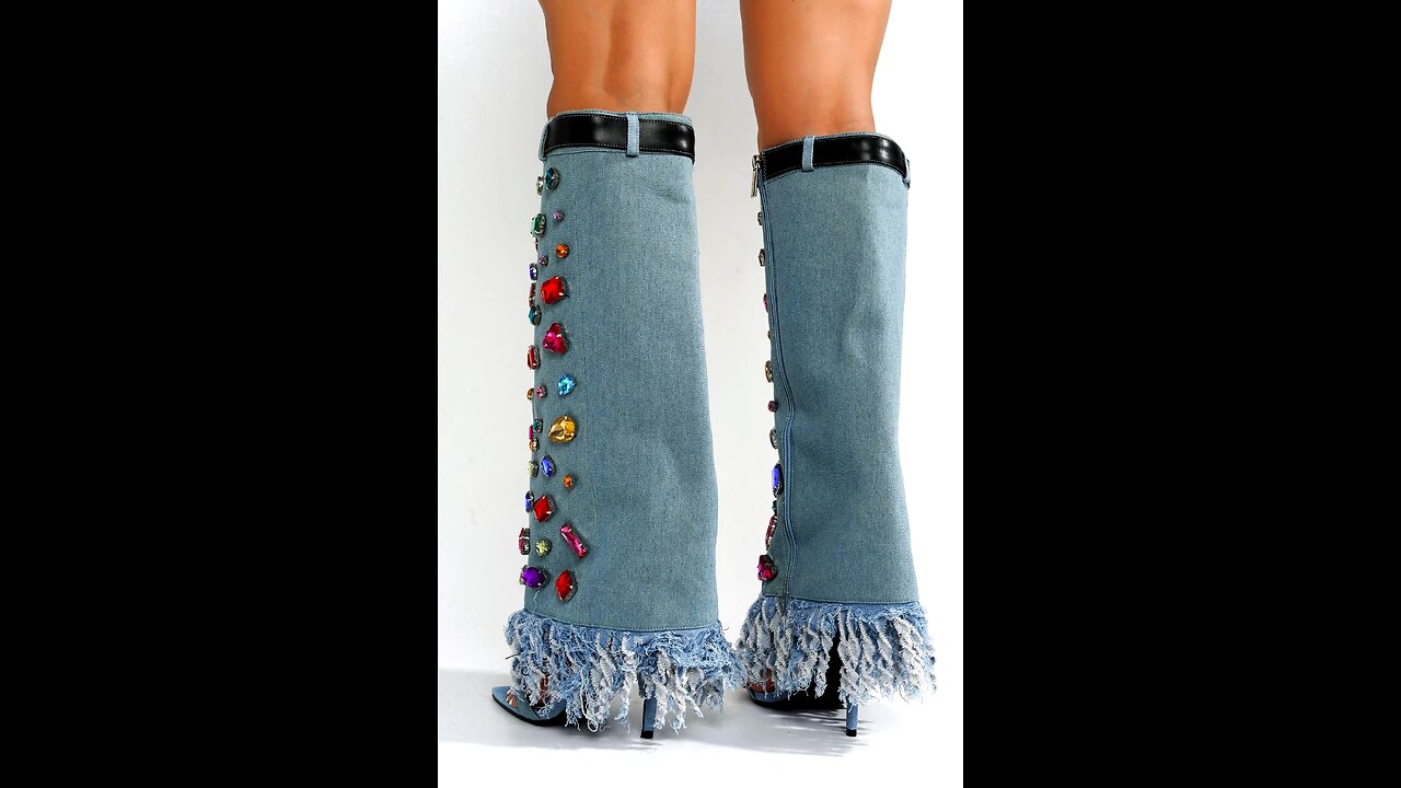 Handmade Blue Denim Crystal High Boots S