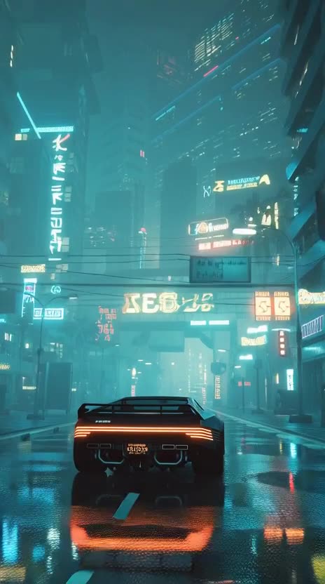 a futuristic neon lit car driving through a