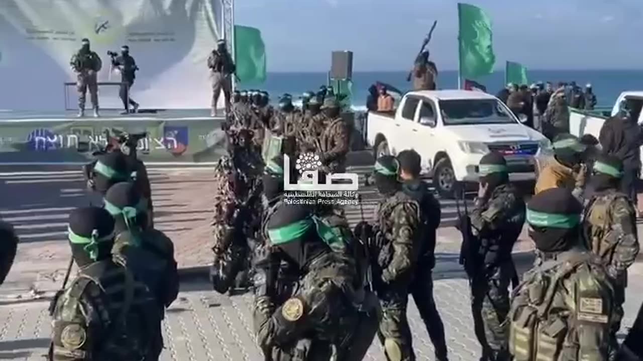 The stage in downtown Gaza ahead of Keith Siegel's release, which will begin in