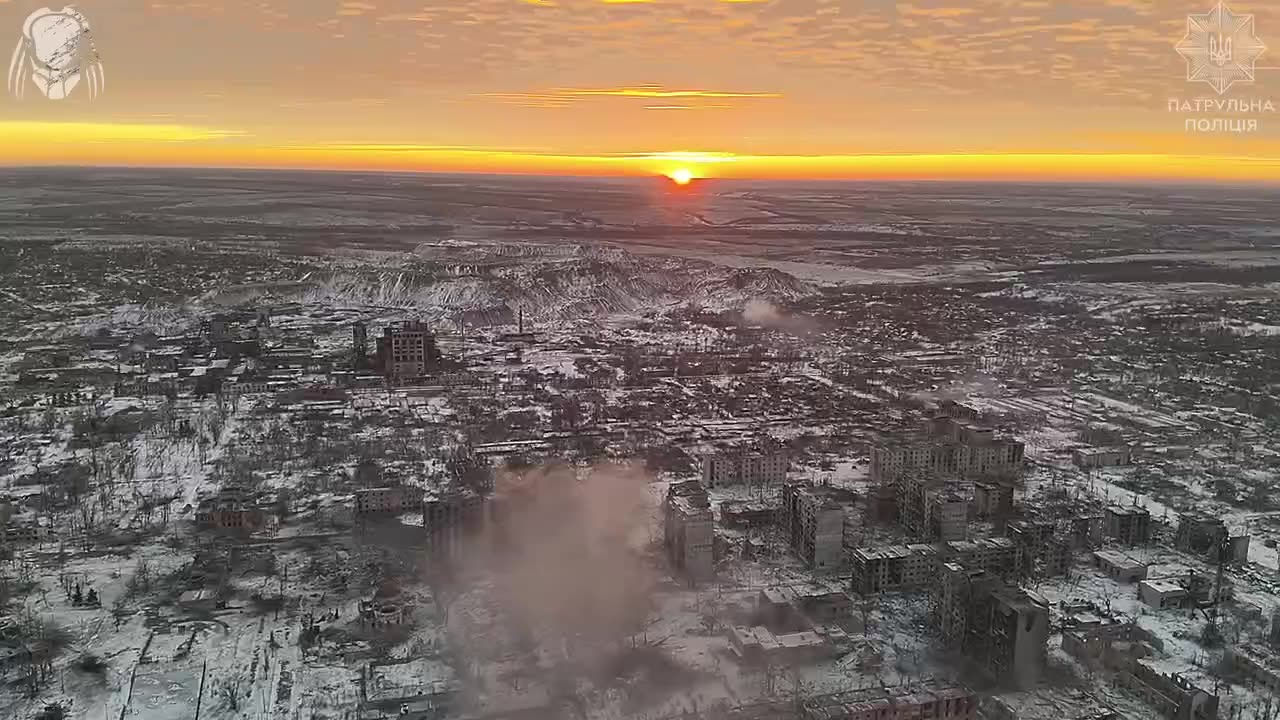 Apocalyptic Sunrise Over Destroyed Ruins of Toretsk