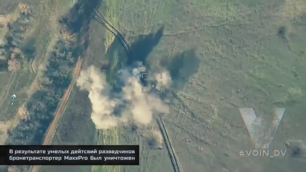 Ukrainian Maxxpro vehicle being destroyed by Russian force.