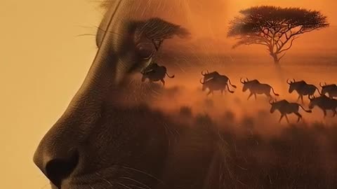 A cinematic double exposure of an African lion in profile