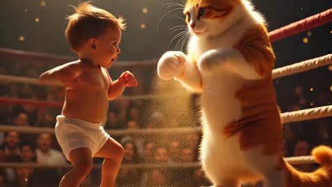 Realistic cat with orange and white pearlescent fur are actively boxing against each other