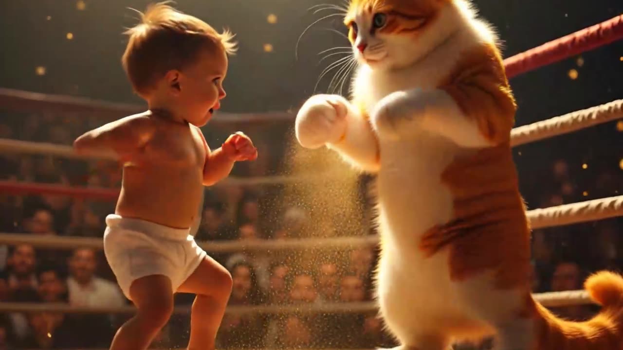 Realistic cat with orange and white pearlescent fur are actively boxing against each other