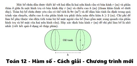 Toán 12: Một bể chứa dầu được thiết kế với hai đầu là hai nửa hình cầu có bán kính r (m) và phần
