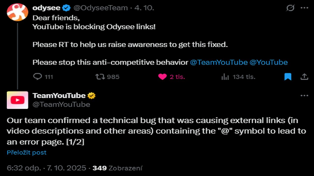 YouTube's response about the Blocking Odysee links situation. (It works now)