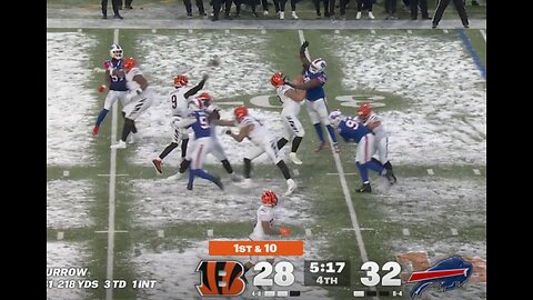 Buffalo Bills AJ Epenesa intercepts Cincinnati Bengals Joe Burrow pass, tipped by Jordon Phillips